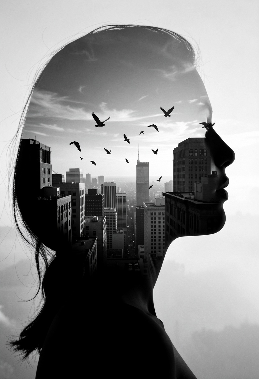 silhouette of a woman head,  within which there appears to be a cityscape with buildings. (birds FLY BETWEEN BUILDINGS,  I...