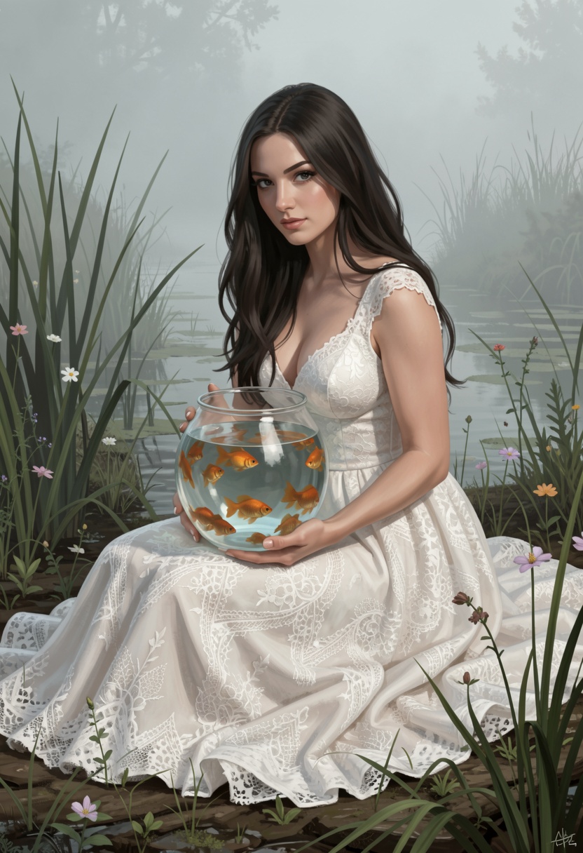 digital paint of a person sitting in lace wedding dress and holdint a **** with gold fish in a natural setting,  likely a...