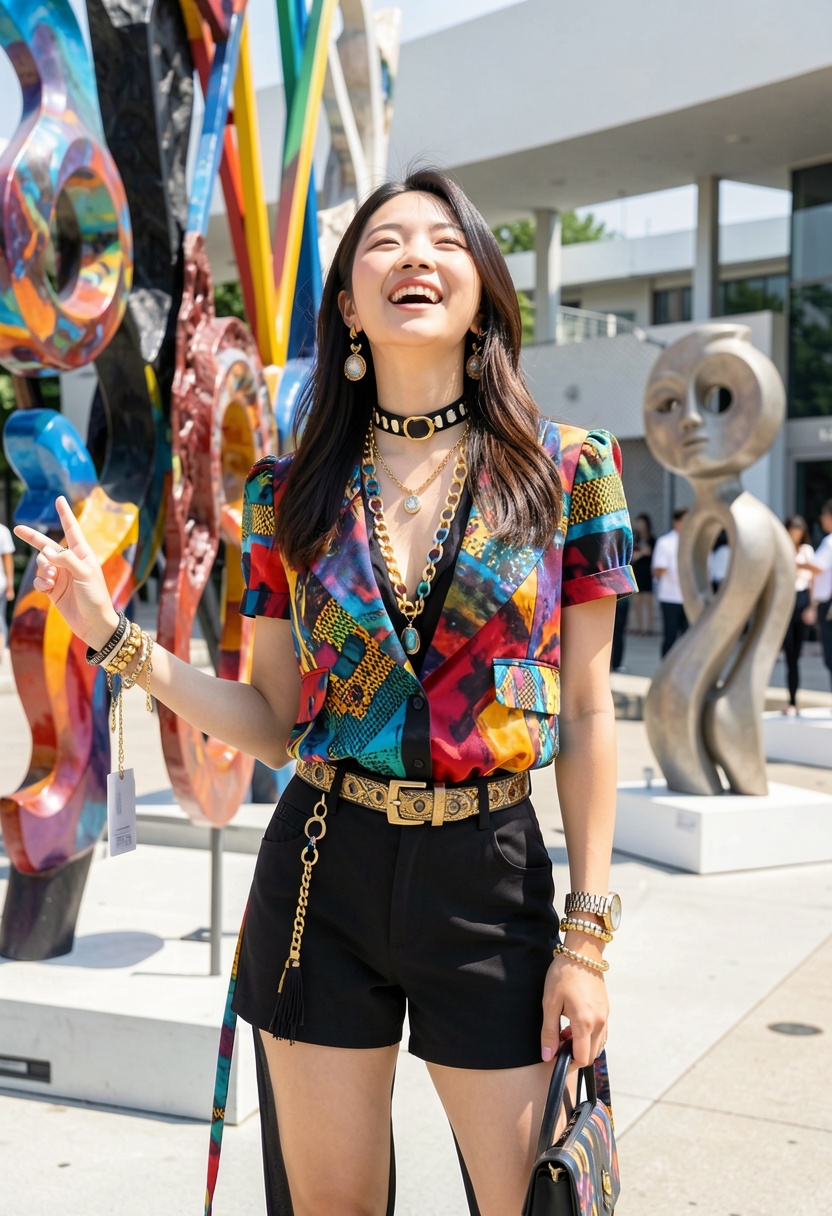 Create a photo of a 23-year-old Korean woman standing in front of a modern art installation during the day. She is dressed...