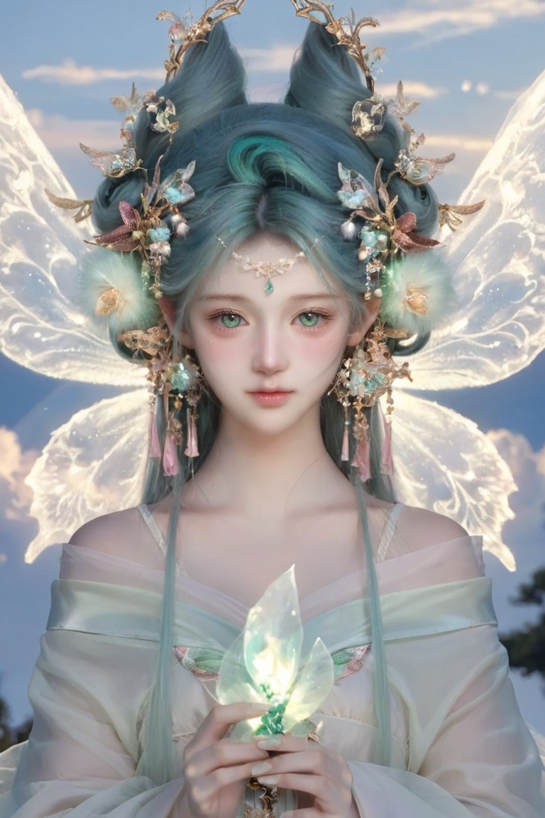 Close-up portrait of a cute ethereal ancient Chinese fairy maiden,  gentle and dreamy expression,  long silky pastel aqua-...