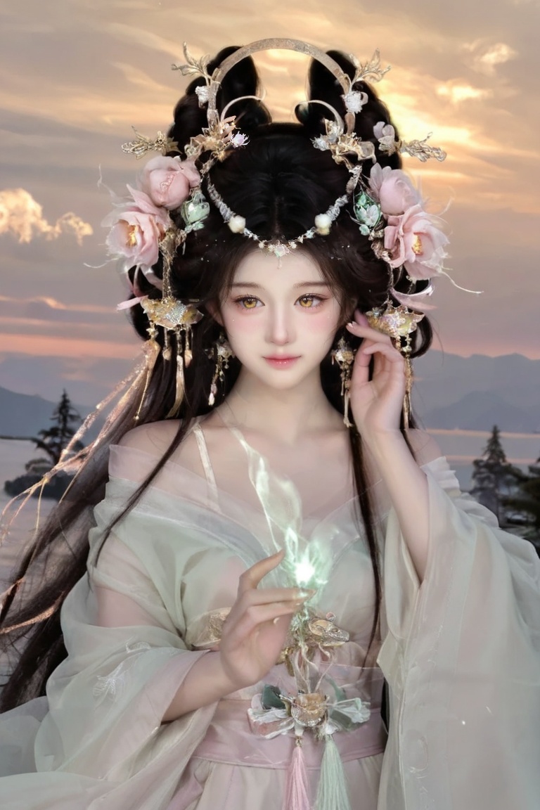 Close-up cinematic portrait of a cute ethereal ancient Chinese fairy maiden,  soft dreamy expression with a gentle smile,...