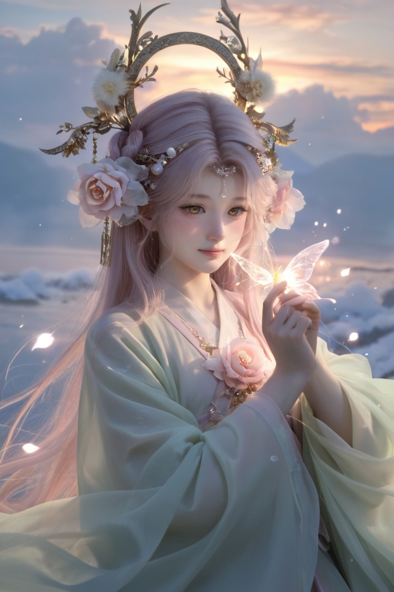 Close-up cinematic portrait of a cute ethereal ancient Chinese fairy maiden,  soft dreamy expression with a gentle smile,...