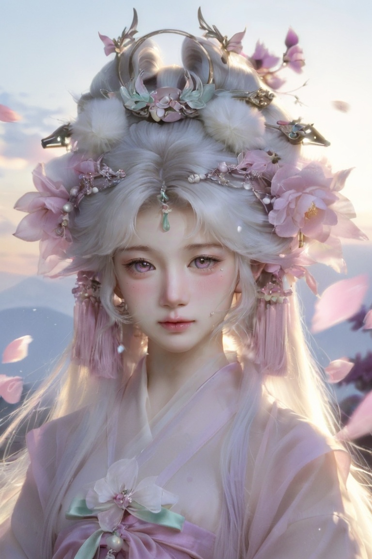 Close-up portrait of a cute ethereal ancient Chinese fairy girl,  soft and gentle beauty,  fluffy long silver-white hair w...