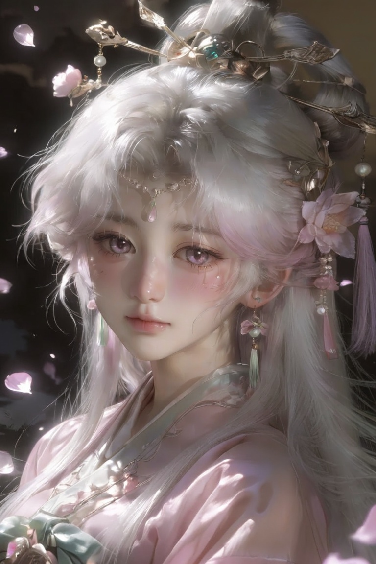 Close-up portrait of a cute ethereal ancient Chinese fairy girl,  soft and gentle beauty,  fluffy long silver-white hair w...