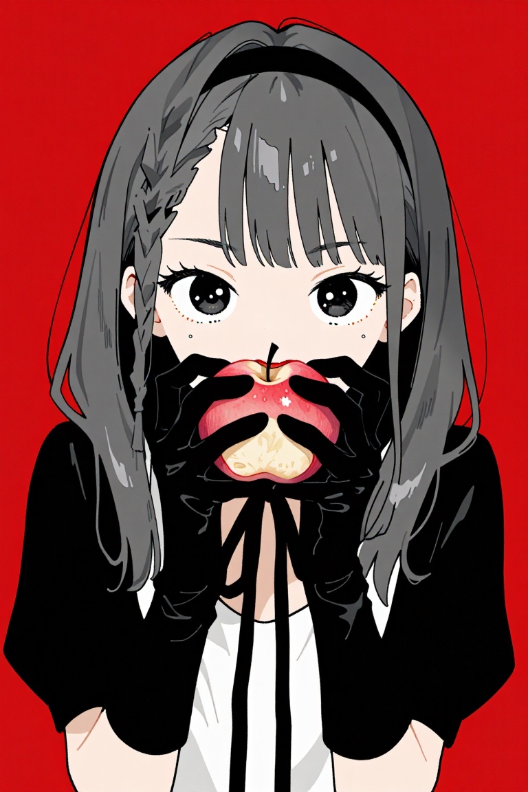 aesthetic illustration,  A girl with long grey hair and short sidelocks,  adorned in a black shirt under white clothing fe...