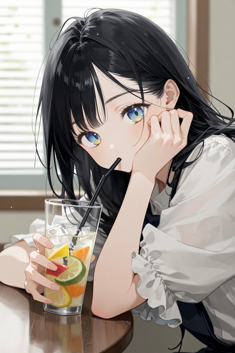aesthetic illustration,  A 1girl with long black hair,  blue eyes wearing a white shirt and frilly sleeves sits in an indo...