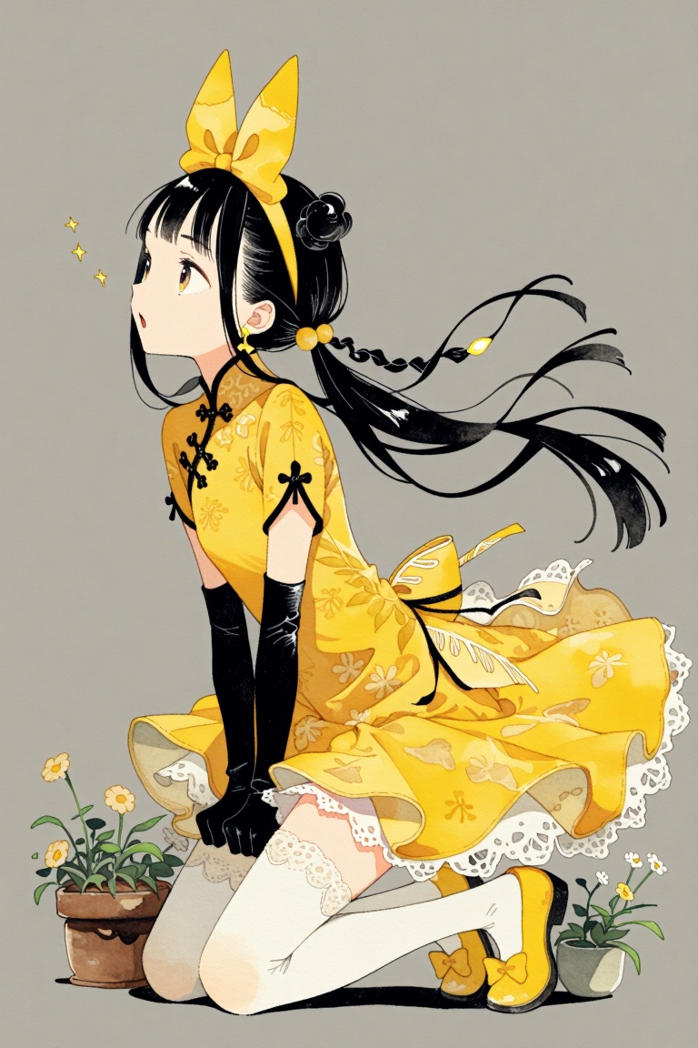 aesthetic illustration,  A girl with long black hair,  wearing a yellow dress adorned with lace trims and earrings on Tens...