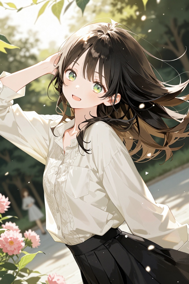 aesthetic illustration,  A young girl stands outdoors,  her green-eyed appearance framed by the interplay of sunlight and...