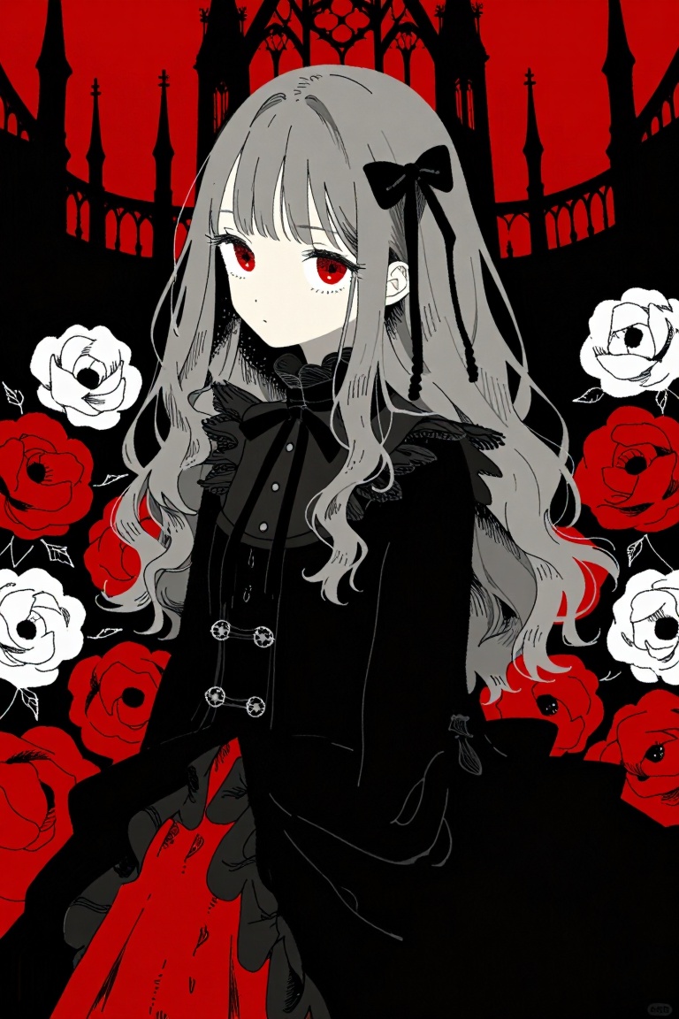 aesthetic illustration,  A girl with wavy grey hair and straight,  blunt bangs adorned in a ribbon looks at the viewer. He...