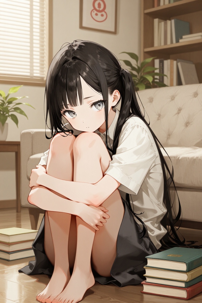 aesthetic illustration,  A young girl with very long black hair,  styled in pigtails and adorned with sidelocks on Tensor.Art