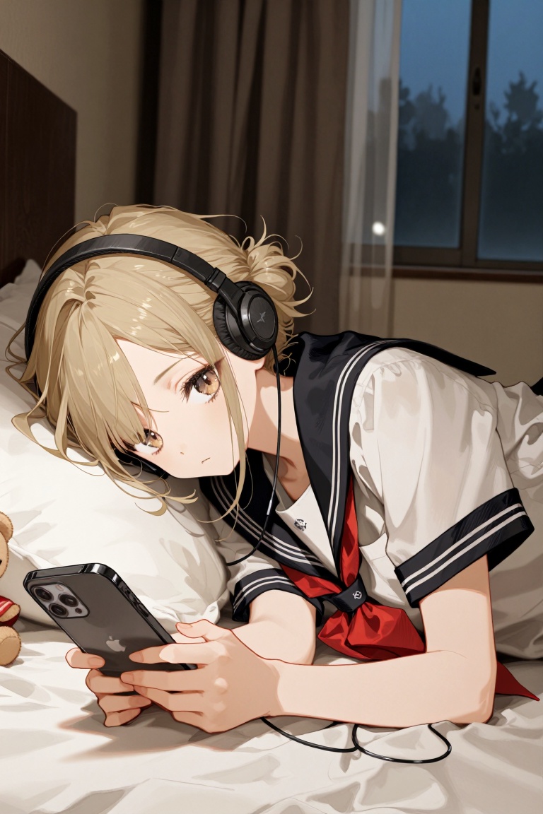 aesthetic illustration,  A blonde girl with short hair and side-locks,  wearing a collared shirt underneath her sailor sch...