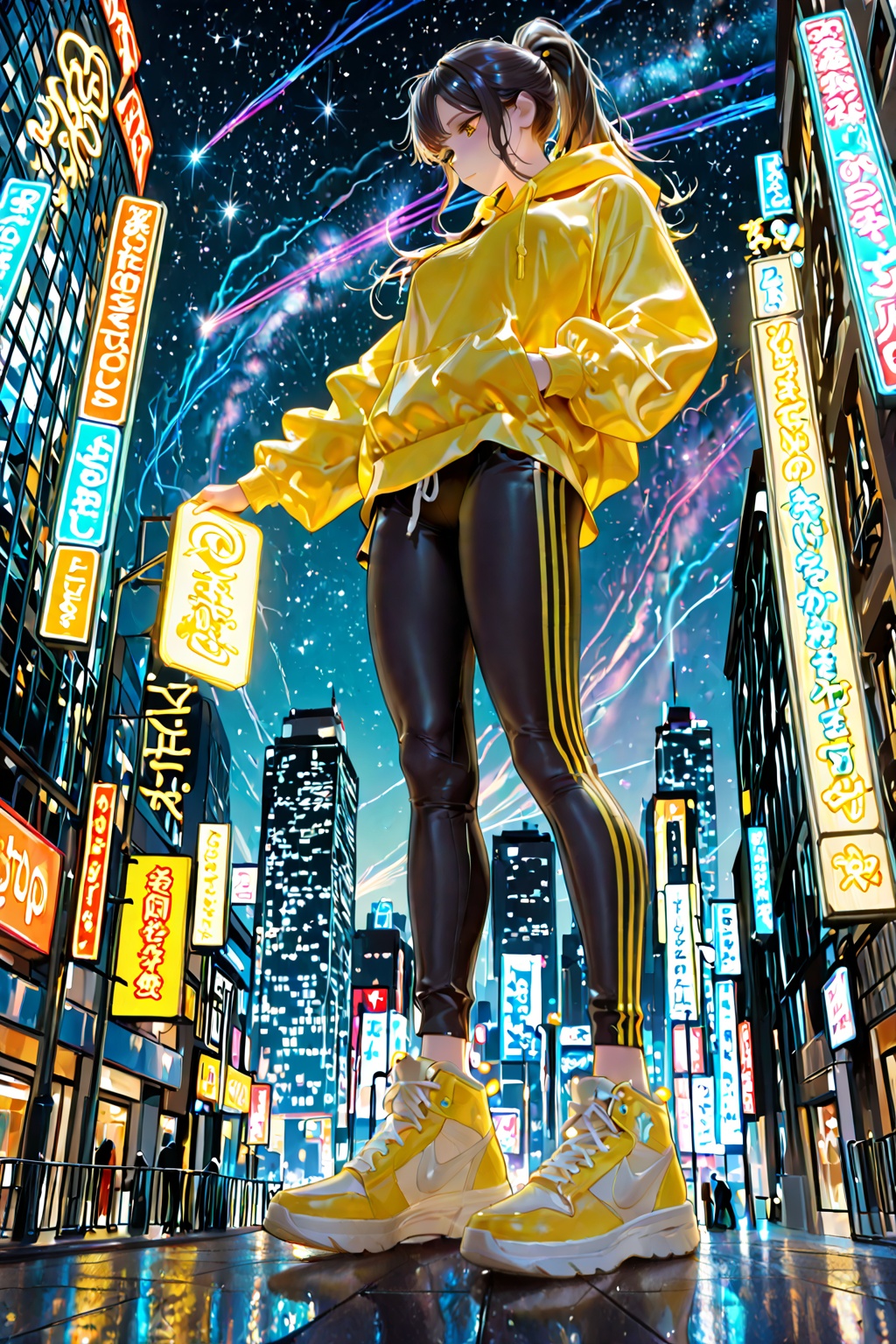 A pretty young girl standing on rooftop edge,  looking down far of a neon-drenched metropolis at night,  her athletic musc...