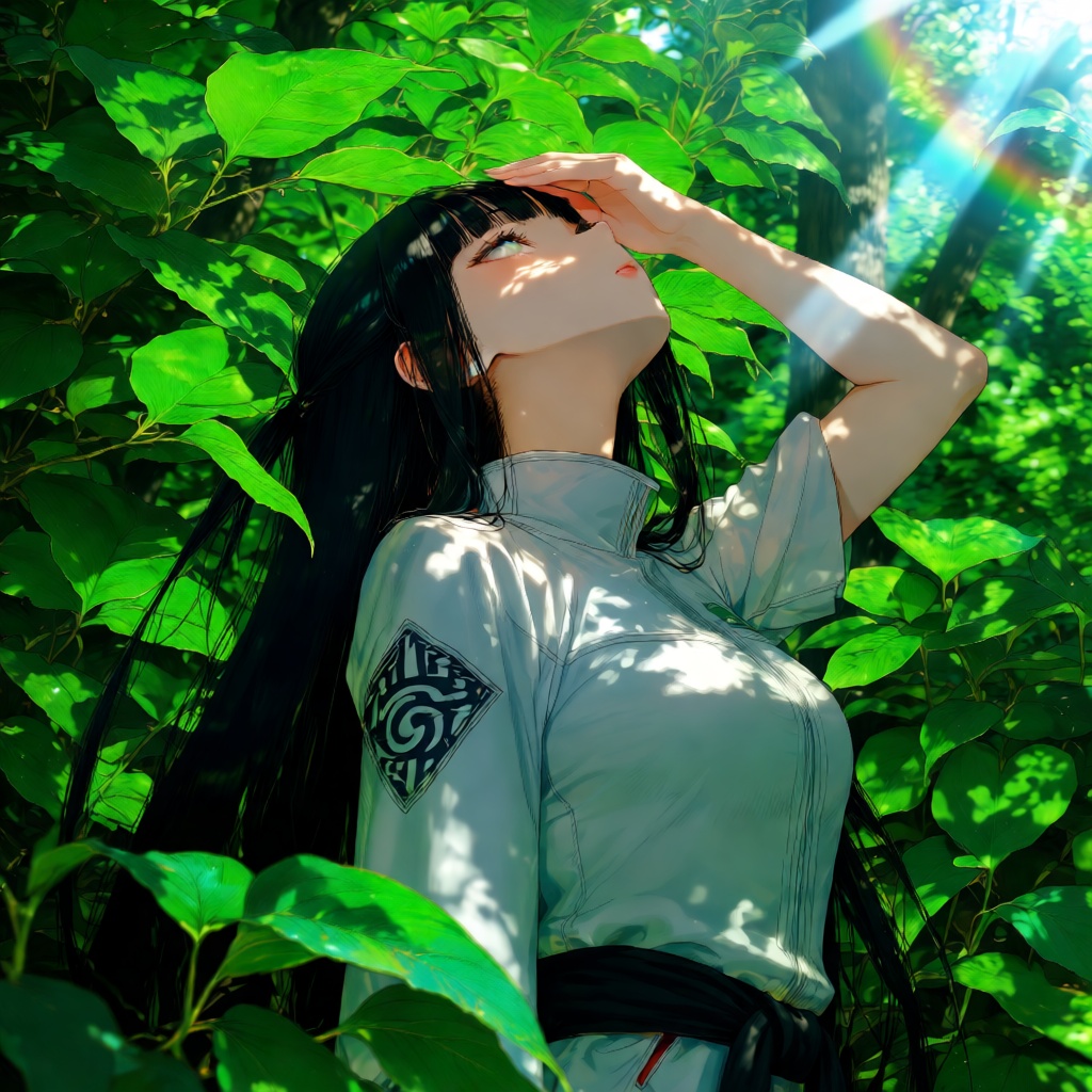 The image depicts a young person Hinata with long black hair and a light-colored outfit,  standing amidst lush green folia...