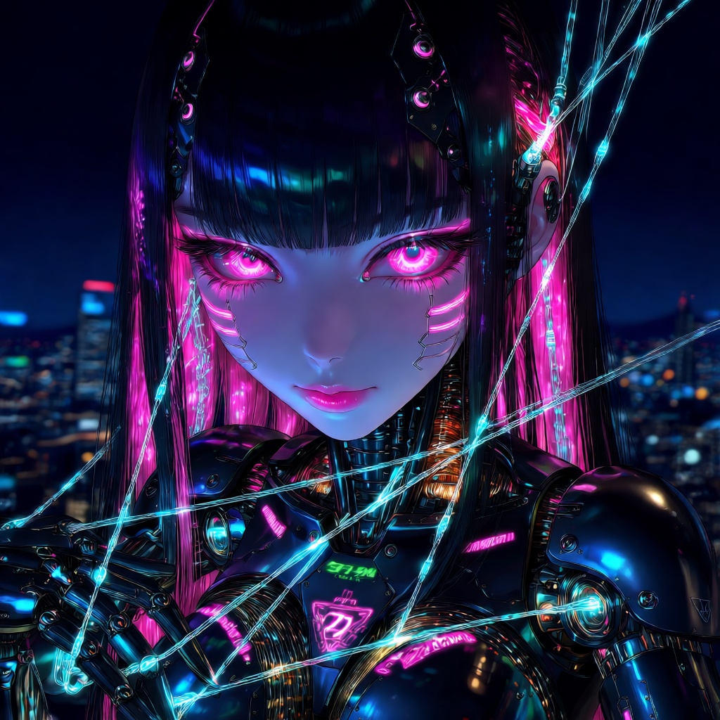 An ultra-detailed close-up of a futuristic cybernetic anime puppet. The puppet's face is flawlessly sculpted with anime pr...