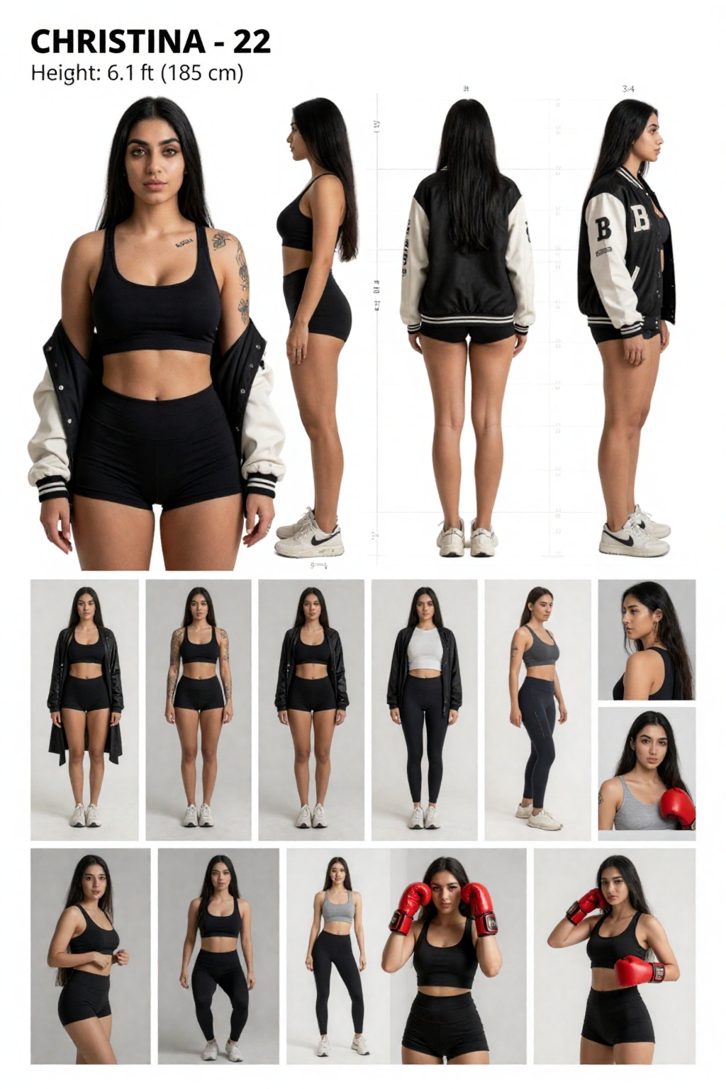 Technical Specs Hyper-realistic professional character sheet photography collage,  clean technical design layout,  white a...