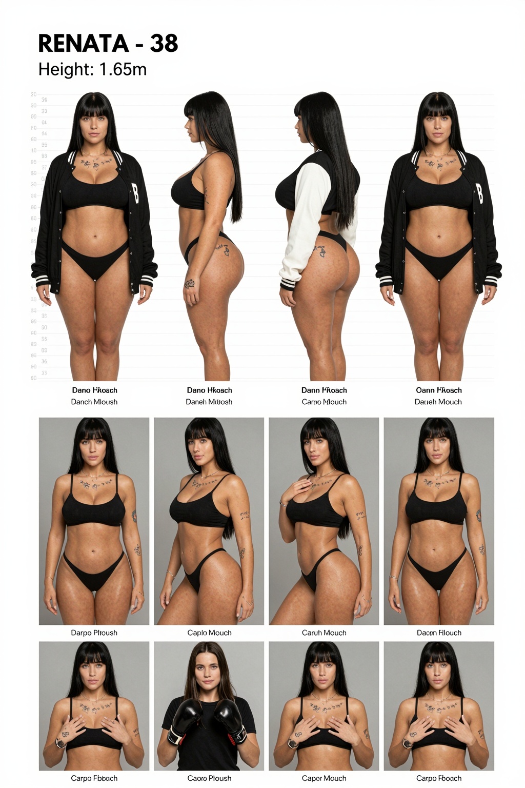 Technical Specs Hyper-realistic professional character sheet photography collage,  clean technical design layout,  white a...