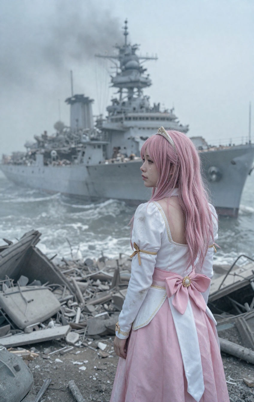 In an ultra-wide shot,  the heroine stands as a small,  solitary figure against a massive backdrop of destruction on Tenso...