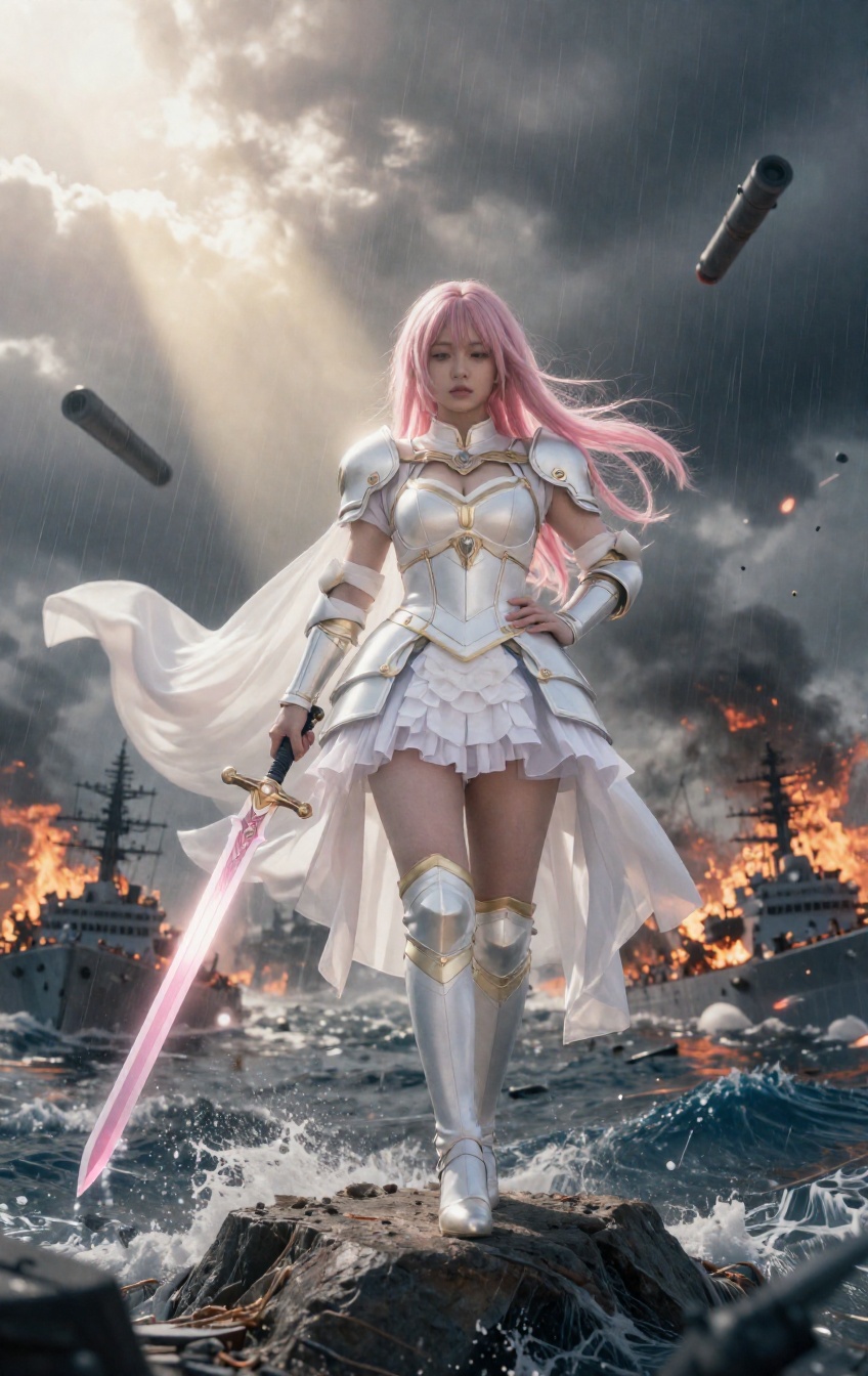 Standing effortlessly atop a rising crest of water,  the heroine balances with perfect grace,  her body upright and her le...