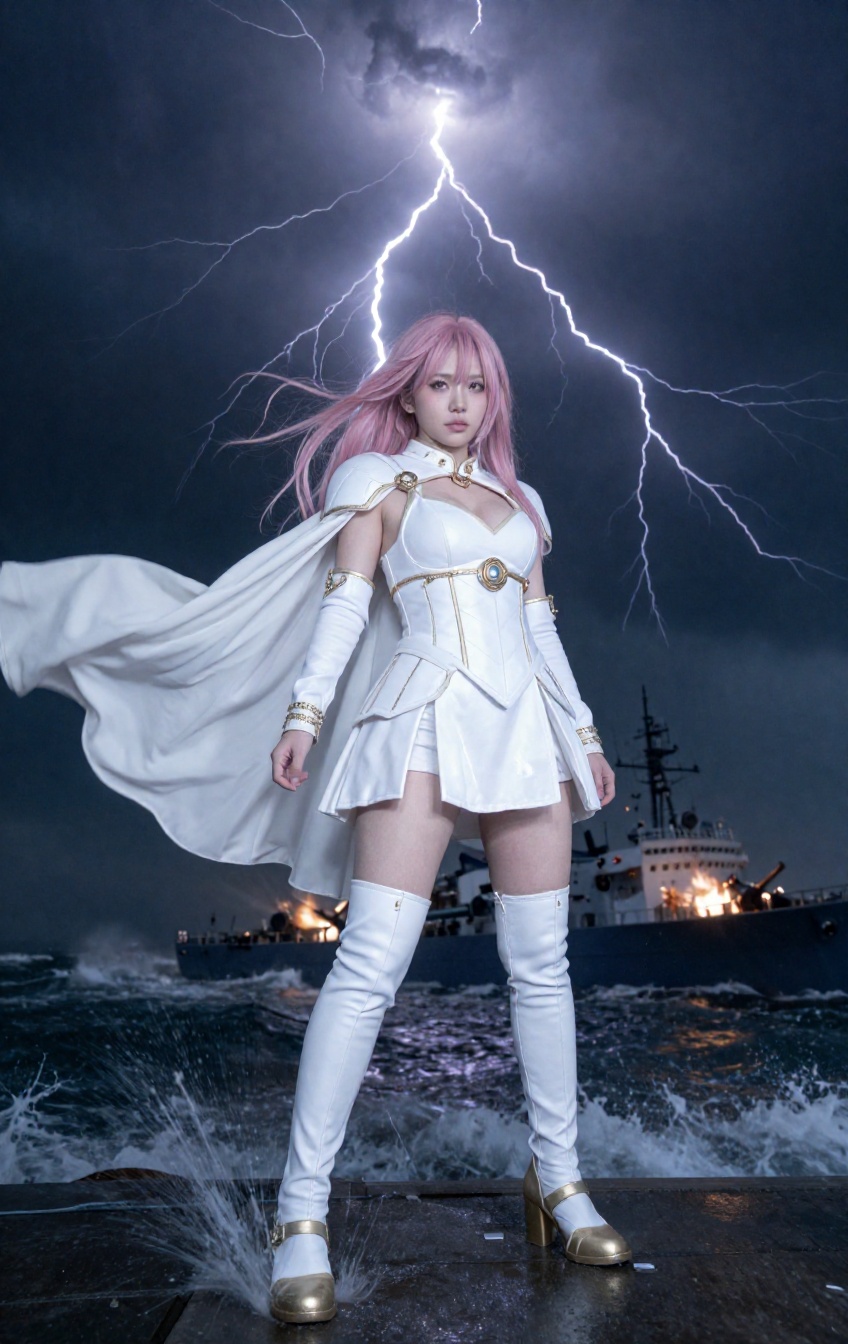In a low-angle wide-angle view,  the heroine stands tall in an open,  exposed position on Tensor.Art