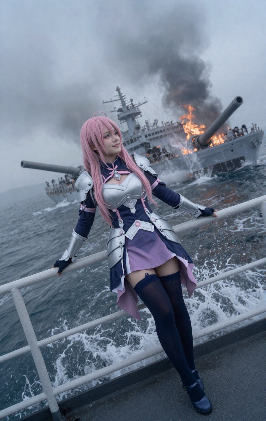 From a wide,  tilted low angle,  the character leans casually against a ship's railing on Tensor.Art