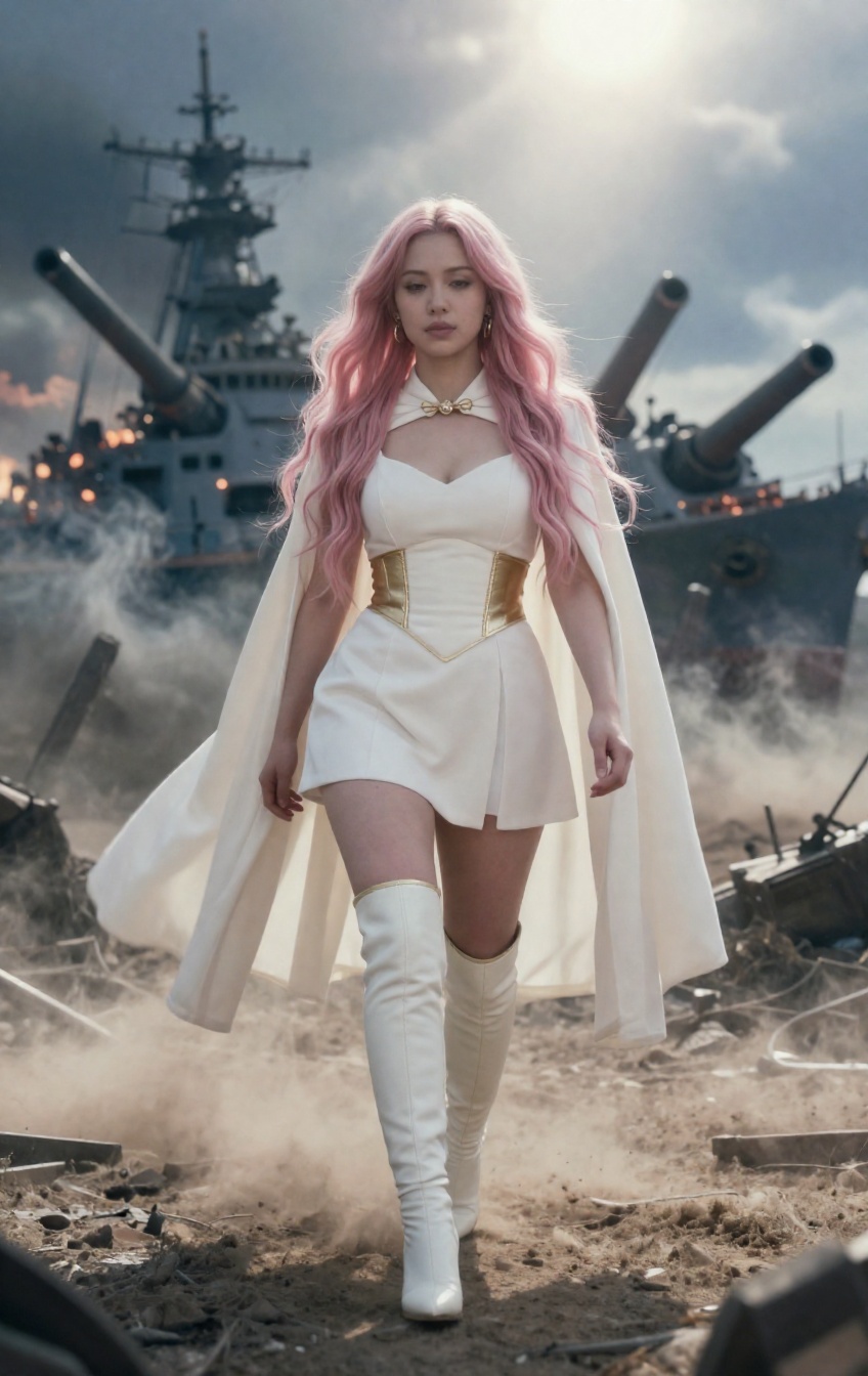 Captured in a long shot slow-motion perspective,  the heroine walks deliberately forward toward the viewer,  her expressio...