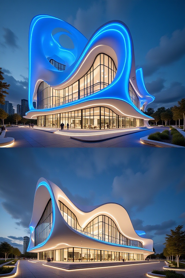 Captured at eye-level on a low-angle shot,  a modern building is adorned with a unique architectural design. The building...