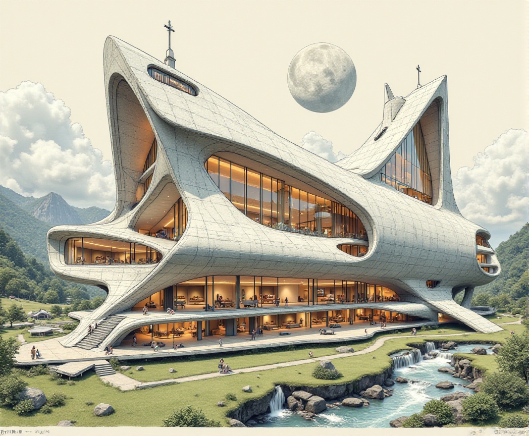 Beautiful modern spaceship with section design,  like church,  green land on Tensor.Art