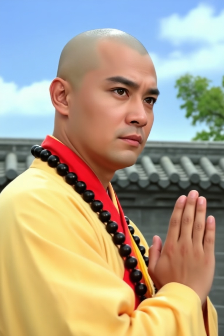 一位年轻的光头和尚,  肤色健康,  五官端正。他面容沉稳 by 一起旅行 on Tensor.Art