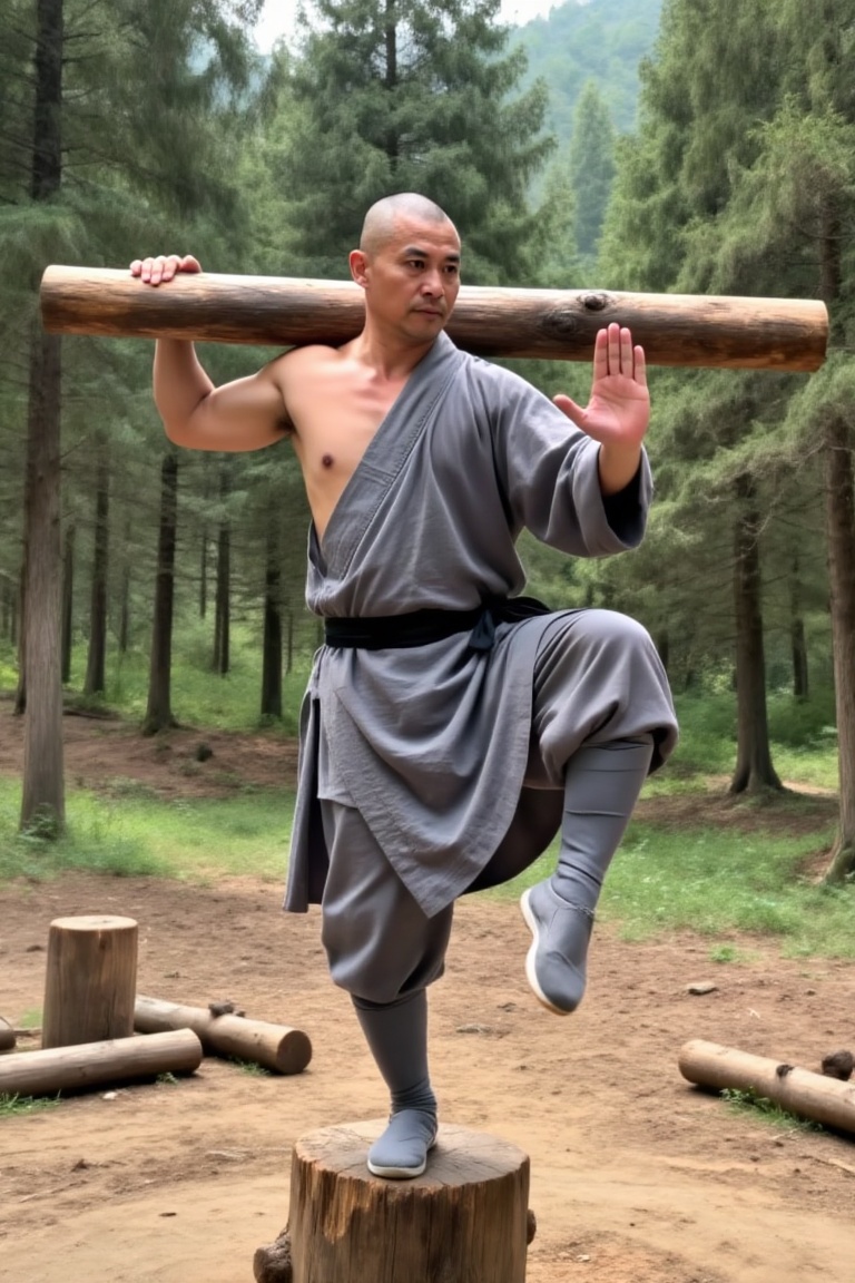 一位中年少林僧人,  留着平头,  面容清秀神情专注。他单脚站立在粗糙的木桩顶端 by 一起旅行 on Tensor.Art