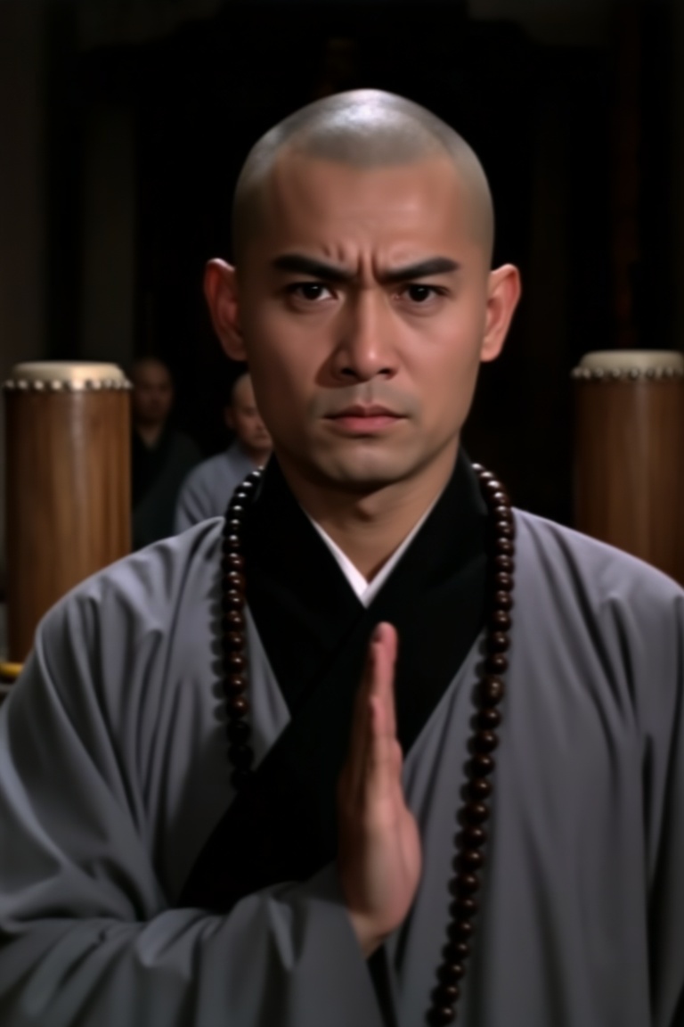 一位年轻和尚面部正对镜头,  由张家辉扮演 五官端正,  眉头微微皱起 by 一起旅行 on Tensor.Art