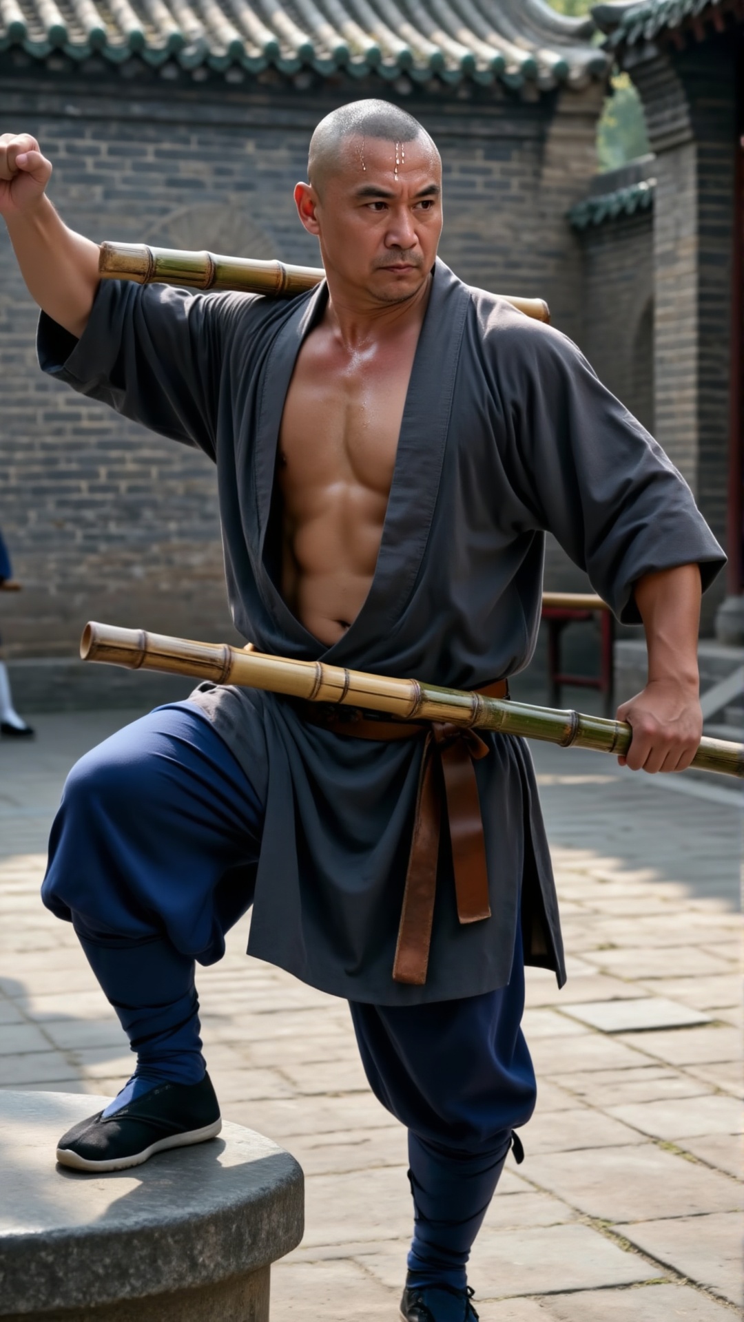 一位中年武者和尚,  额际汗珠滑落,  双臂肌肉虬结 by 一起旅行 on Tensor.Art