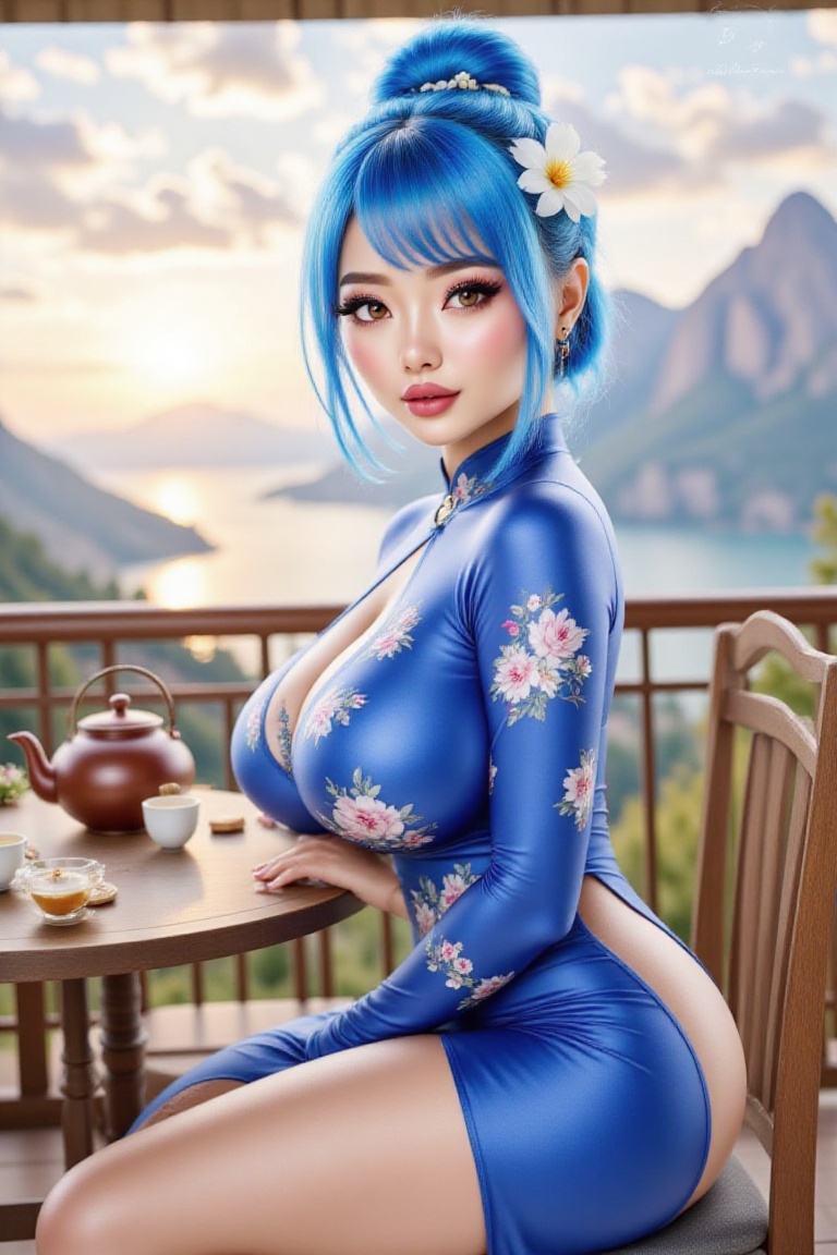 The image depicts a realistic female with short blue hair styled into a neat bun,  adorned with a white flower accessory....