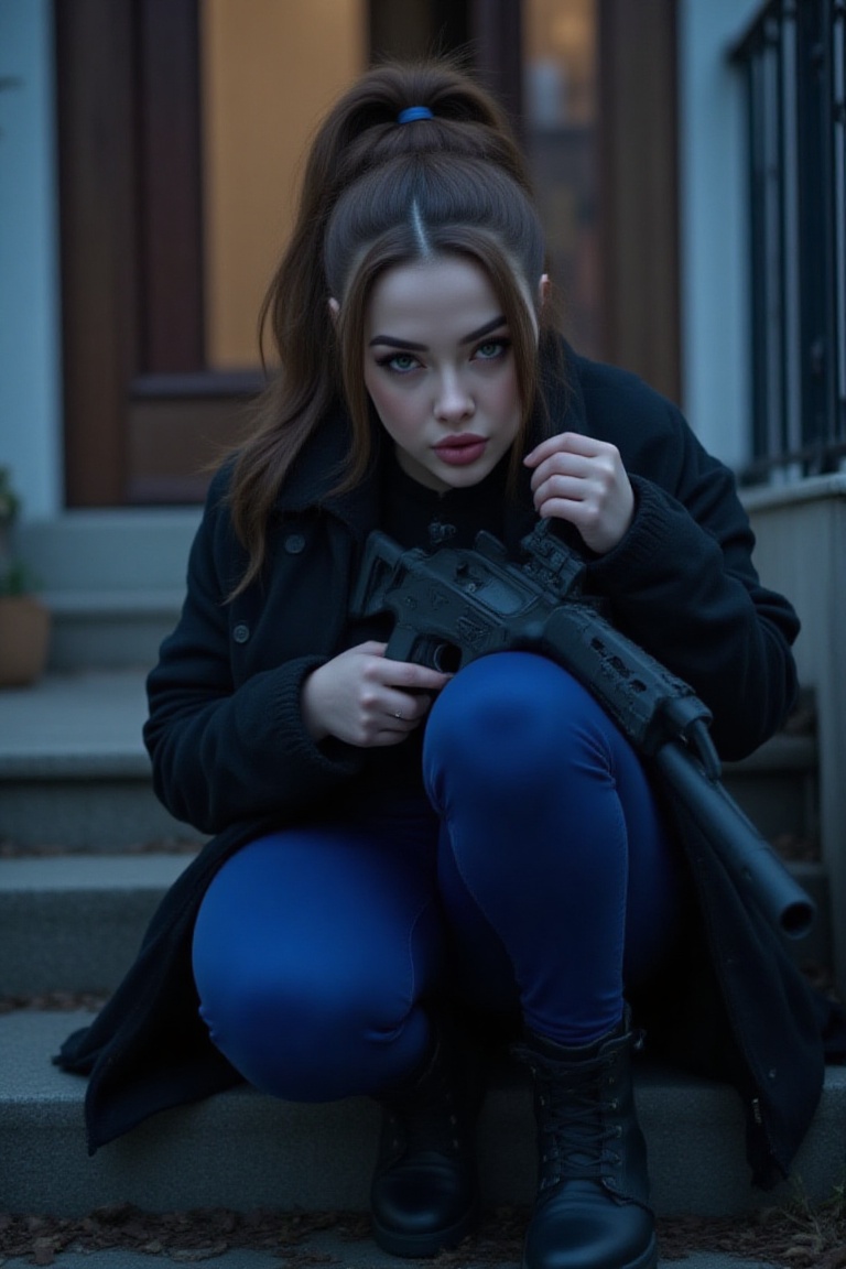A young girl 12yo,  sits confidently,  She holds a shutgun firmly in hands Protect the front of her home. long brown hair...
