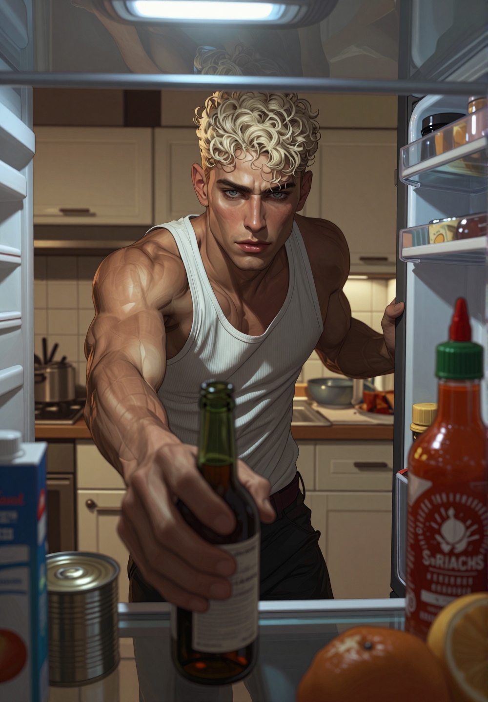 A image taken from a unique point-of-view from inside a refrigerator,  looking outwards. A handsome man with short,  bleac...