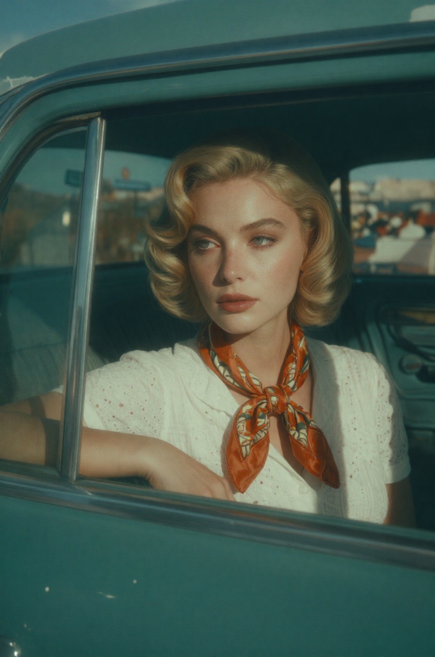 a woman is featured in a striking close-up shot as she peers out from the interior of a vintage teal car. The technical li...