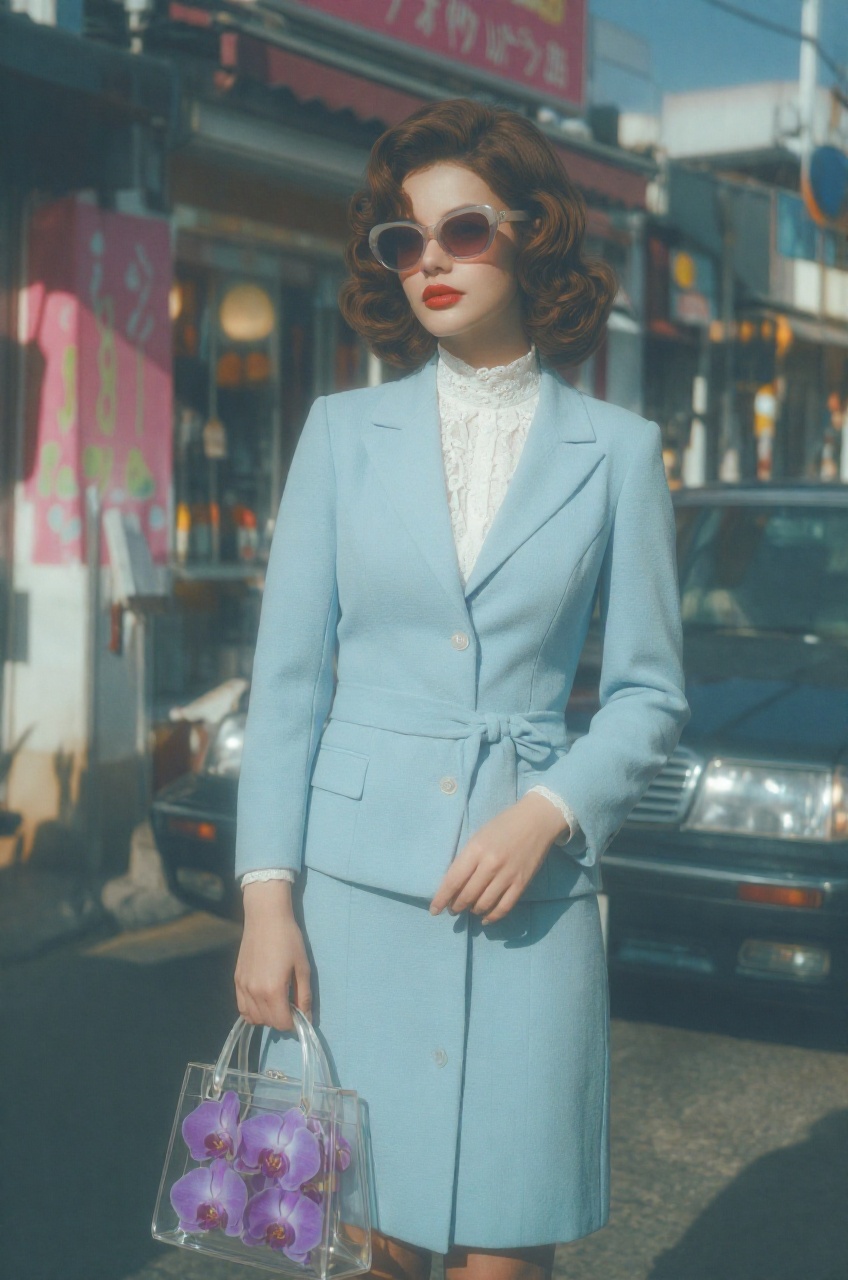 a high-fashion vintage aesthetic that masterfully utilizes a direct flash and slightly dimmed background,  giving the subj...