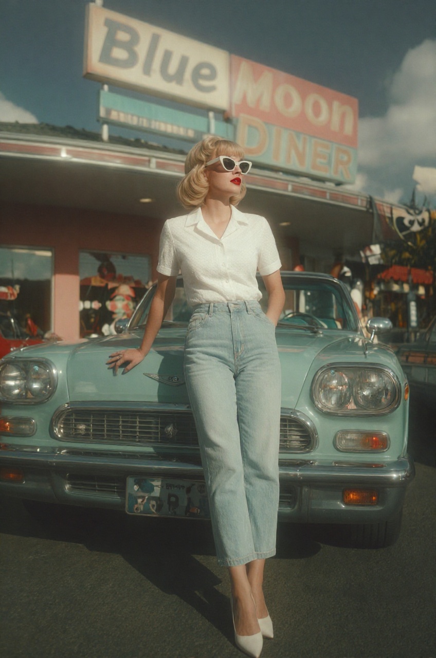a woman is presented as the central subject of a vibrant,  mid-century Americana scene,  leaning effortlessly against a cl...