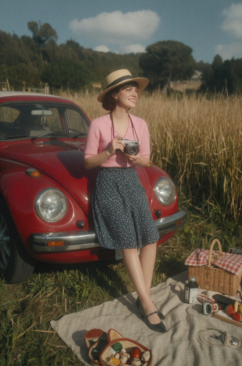 a woman is portrayed in a charming,  vintage-inspired full shot,  leaning against the front of a classic red Volkswagen Be...