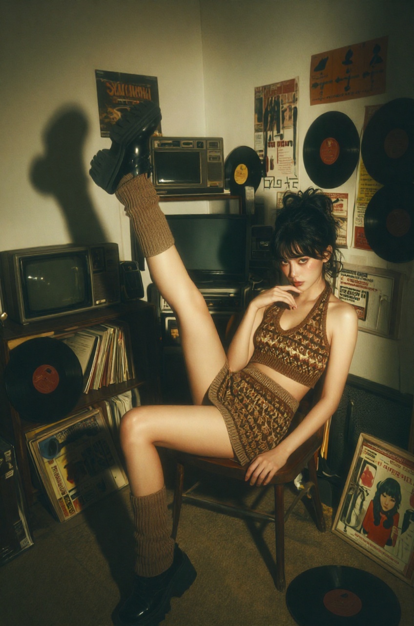 captures a woman in a high-energy,  editorial-style full shot that blends a nostalgic 90s bedroom aesthetic with sharp mod...