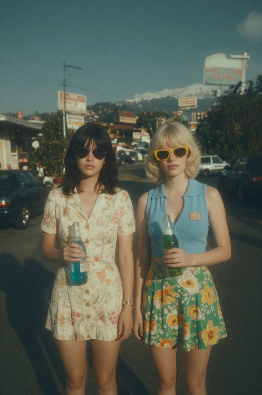 a vintage,  saturated aesthetic reminiscent of 1970s Americana,  captured through a medium shot with a wide-angle focal le...