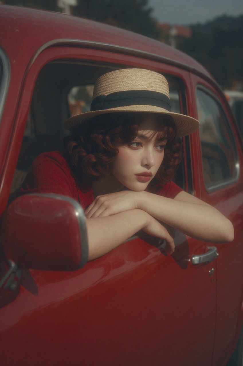 a woman is captured in a pensive and intimate medium close-up,  leaning her chin on her crossed arms out of the window of...