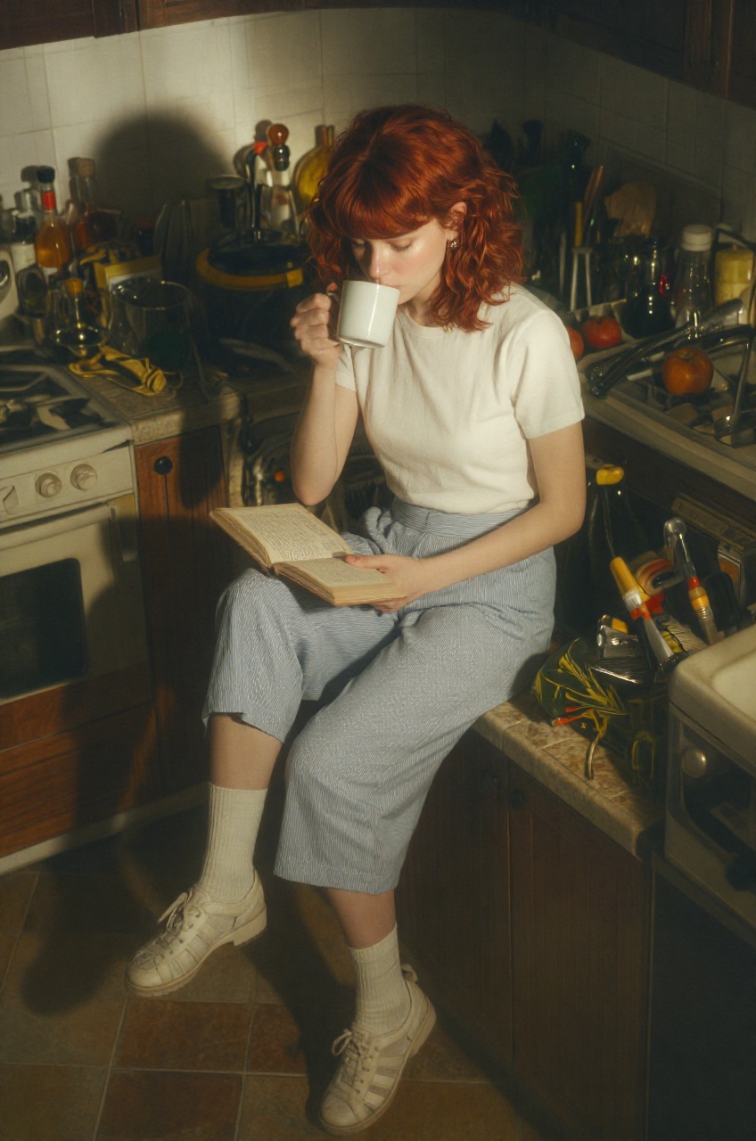 a cozy,  rustic kitchen setting where a slender woman is captured in a candid moment of morning relaxation. The type of sh...