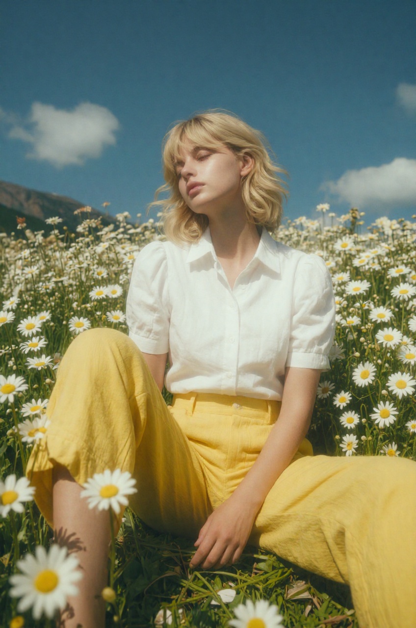 a woman is captured in a serene,  low-angle medium shot,  sitting amidst a vibrant field of white daisies under a clear bl...