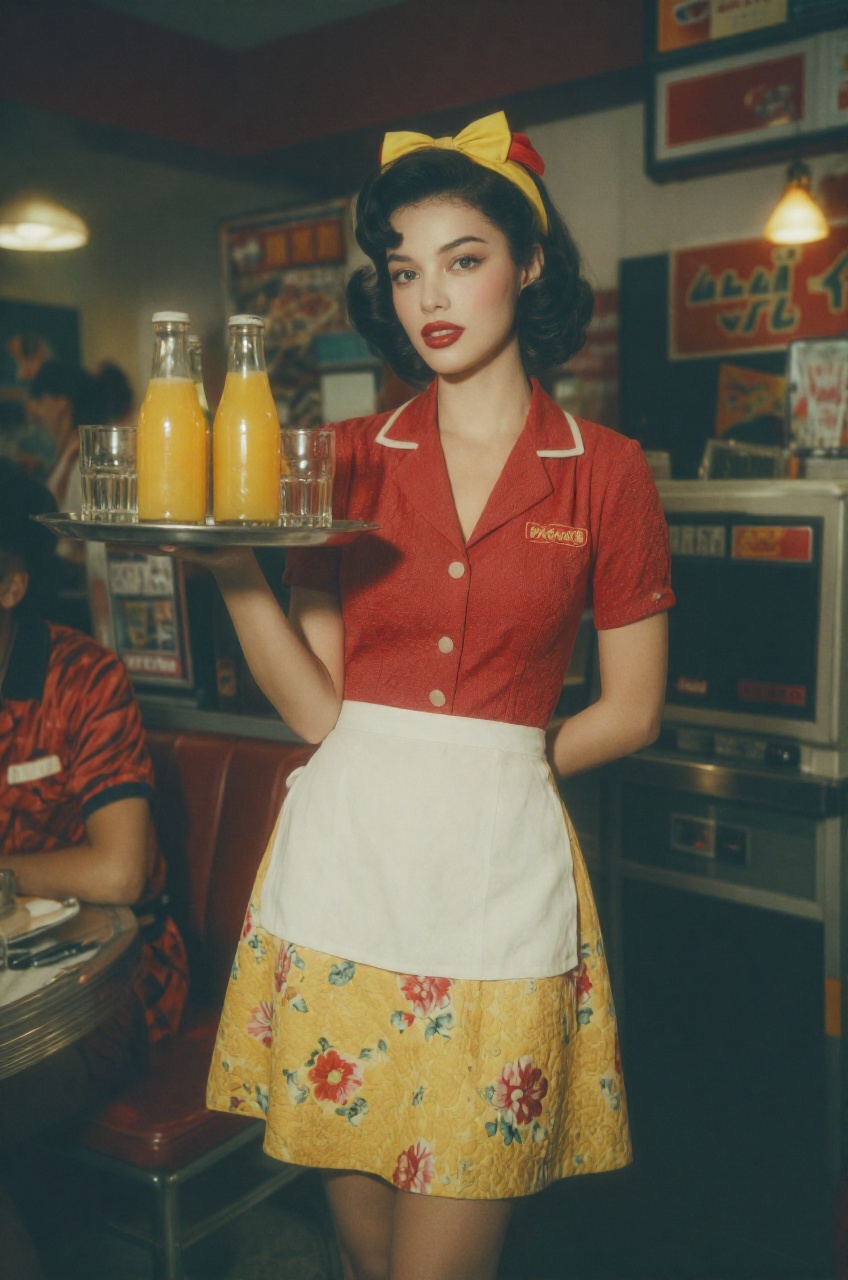 a vintage cinematic aesthetic that employs a direct flash and slightly dimmed background,  creating a sharp illumination o...