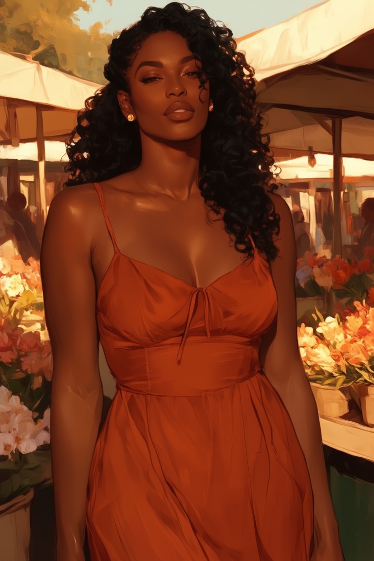 beautiful young woman,  type 3C jet-black natural curly hair half-up with a few curls framing her face,  deep brown glowin...
