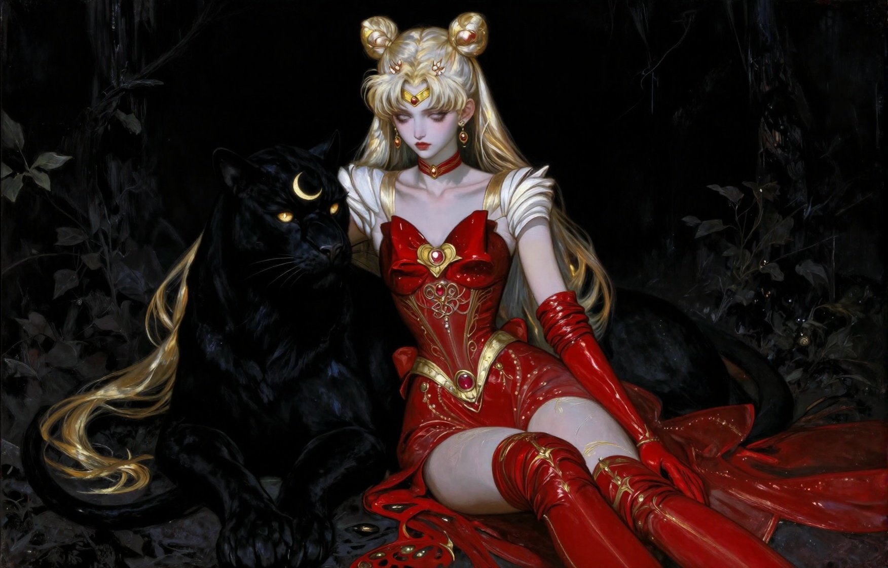 Dark fantasy reinterpretation of Sailor Moon seated beside a massive black panther in an elegant gothic composition. She h...