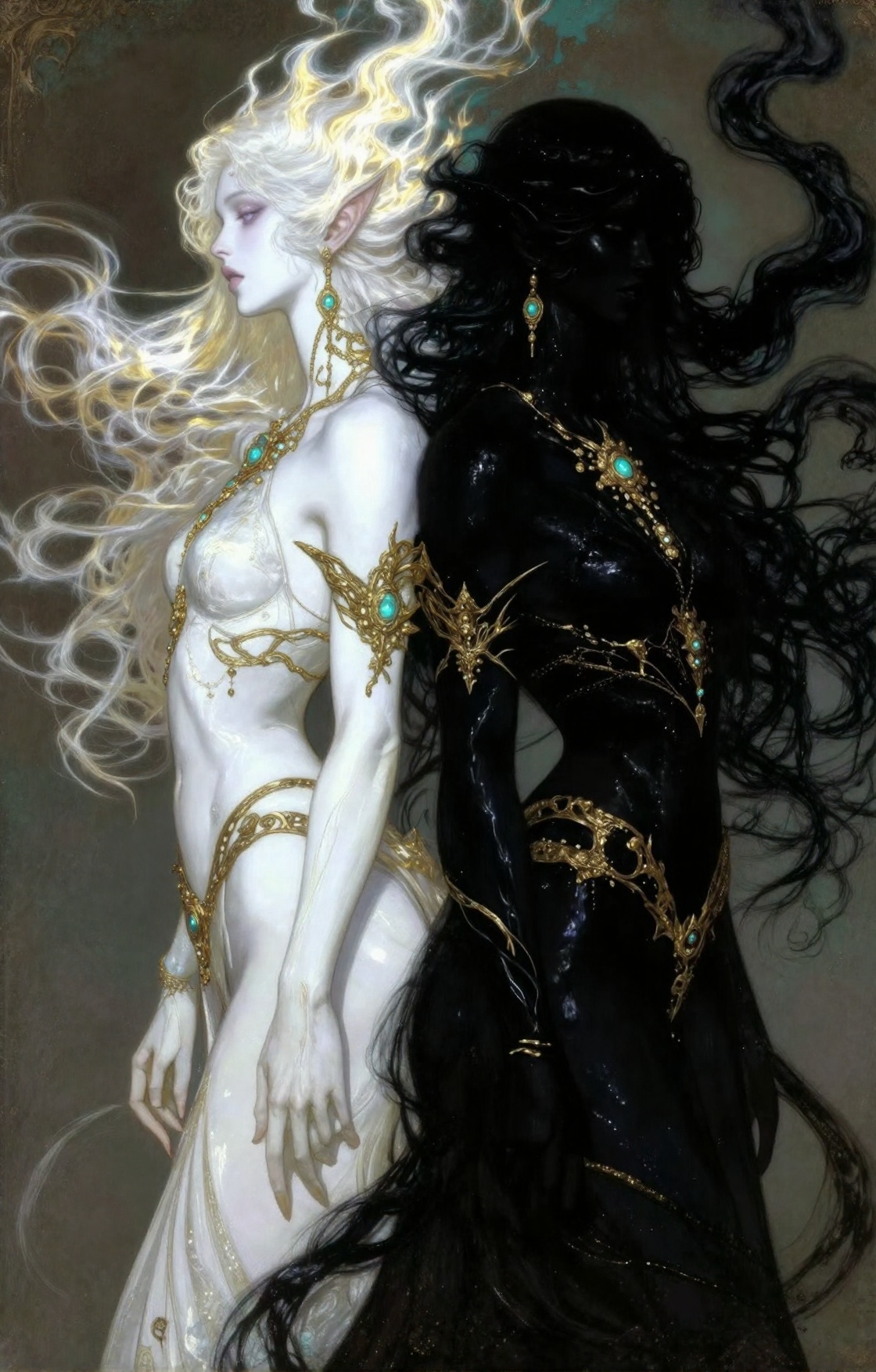 Ethereal dark fantasy portrait of two opposing feminine inhuman beings standing back-to-back in elegant side profile,  sym...