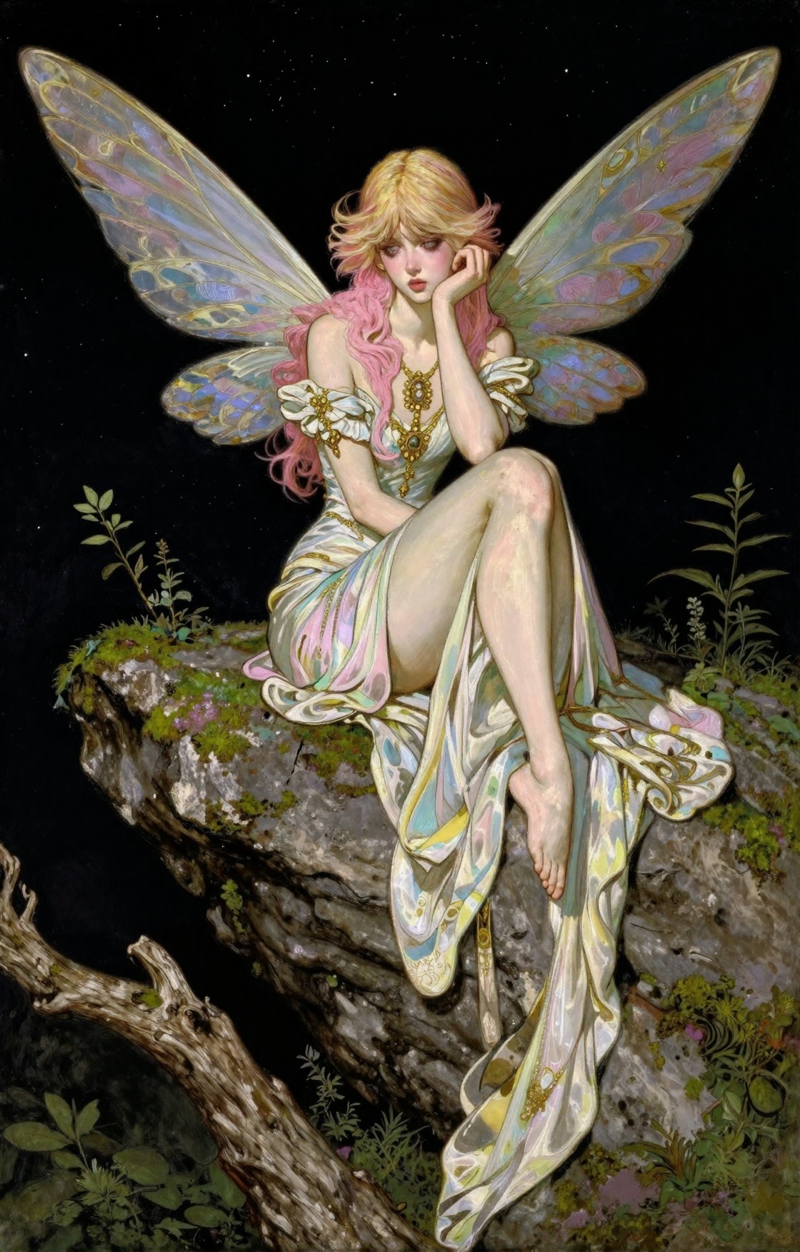 The image depicts a fantastical scene with a fairy sitting on a moss-covered rock. The fairy has blonde and pink hair,  la...