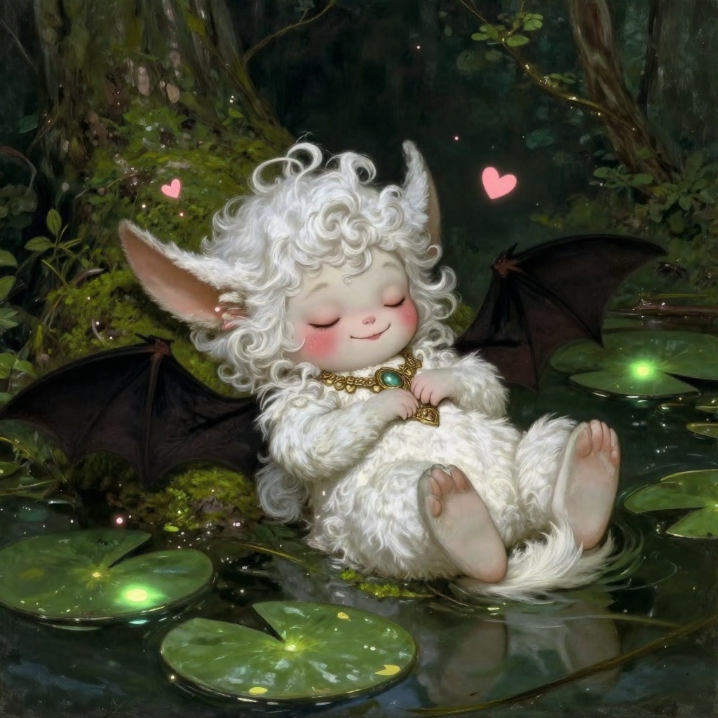 Adorable fantasy creature resting peacefully in a mossy forest pond,  soft storybook aesthetic. The creature has fluffy wh...