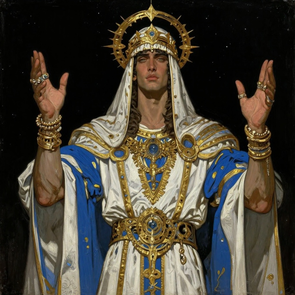 The image depicts a man adorned in divine,  elaborate attire,  including a white and blue garment with gold accents. The m...